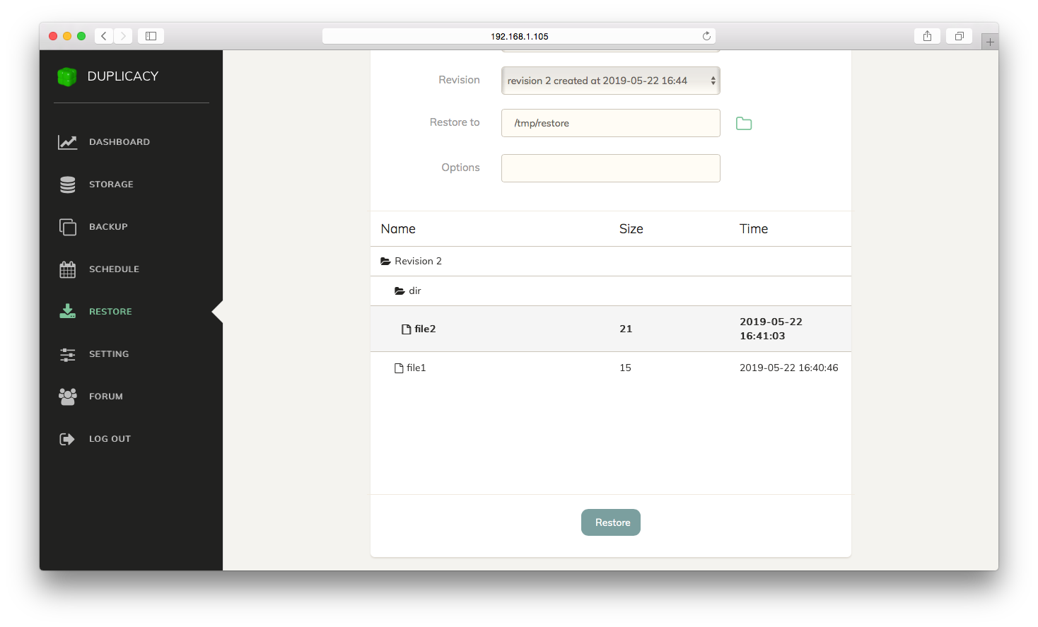 Duplicacy Web Edition Restore Files